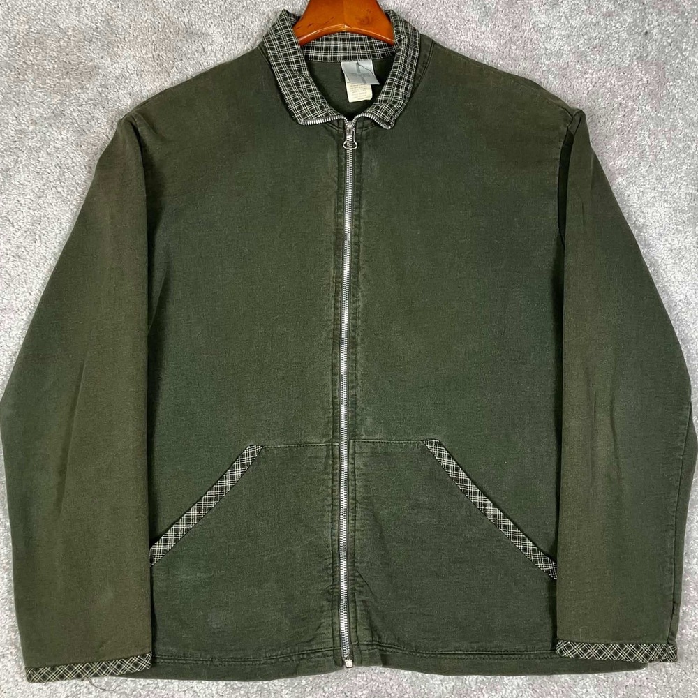 VTG 90s Full Zip Jacket L Green Plaid Trim Workwear Grunge Indie Fall Sunfaded